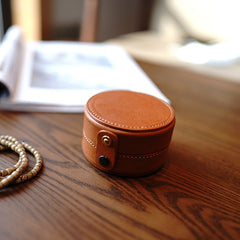 Cute Women Brown Leather Round Coin Wallet Box Small Portable Jewelry Storage Box For Women