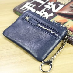 Cute Women Black Leather Mini Zip Billfold Wallet with Keychain Navy Coin Wallet Small Zip Change Wallet For Women