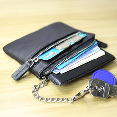 Cute Women Black Leather Mini Zip Billfold Wallet with Keychain Navy Coin Wallet Small Zip Change Wallet For Women