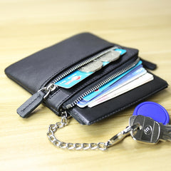 Cute Women Navy Leather Mini Zip Billfold Wallet with Keychain Navy Coin Wallet Small Zip Change Wallet For Women