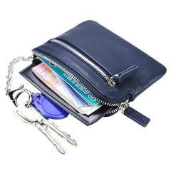 Cute Women Navy Leather Mini Zip Billfold Wallet with Keychain Navy Coin Wallet Small Zip Change Wallet For Women