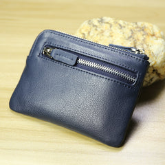 Cute Women Navy Leather Mini Zip Billfold Wallet with Keychain Navy Coin Wallet Small Zip Change Wallet For Women