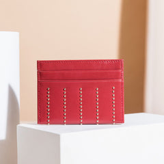 Cute Women Red Sheepskin Card Holder Slim Card Wallet Card Holder with Rivets Credit Card Holder For Women