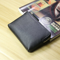Cute Women Slim Black Leather Mini Zip Coin Wallet Billfold Small Zip Change Wallet For Women
