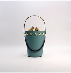 Cute Womens Blue Leather Barrel Chain Crossbody Purse Bucket Round Chain Shoulder Bag for Women