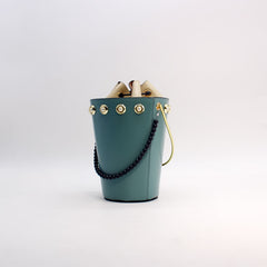Cute Womens Light Blue Leather Barrel Chain Crossbody Purse Bucket Round Chain Shoulder Bag for Women