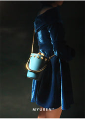 Cute Womens Blue Leather Barrel Chain Crossbody Purse Bucket Round Chain Shoulder Bag for Women
