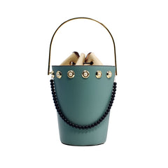 Cute Womens Light Blue Leather Barrel Chain Crossbody Purse Bucket Round Chain Shoulder Bag for Women