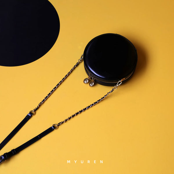 Cute Womens Black Leather Round Crossbody Purse Round Black Chain Shoulder Bag f RB02581018