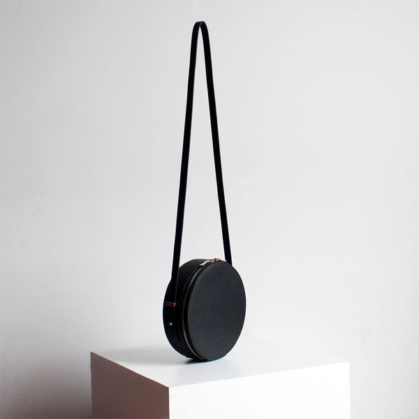 Cute Womens Black Leather Round Crossbody Purse - Back View