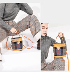 Cute Womens Black Leather Tweed Bucket Handbag Barrel Crossbody Purse Handmade Round Shoulder Bag for Women