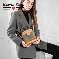Cute Womens Black Leather Tweed Bucket Handbag Barrel Crossbody Purse Handmade Round Shoulder Bag for Women
