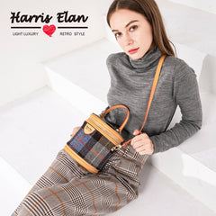 Cute Womens Black Leather Tweed Bucket Handbag Barrel Crossbody Purse Handmade Round Shoulder Bag for Women