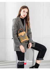 Cute Womens Black Leather Tweed Bucket Handbag Barrel Crossbody Purse Handmade Round Shoulder Bag for Women