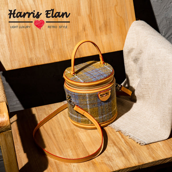 Cute Womens Blue Leather Tweed Bucket Handbag Barrel Crossbody Purse Handmade Ro RB05981029