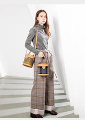 Cute Womens Black Leather Tweed Bucket Handbag Barrel Crossbody Purse Handmade Round Shoulder Bag for Women