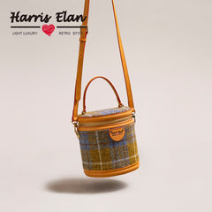 Cute Womens Black Leather Tweed Bucket Handbag Barrel Crossbody Purse Handmade Round Shoulder Bag for Women