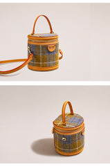 Cute Womens Black Leather Tweed Bucket Handbag Barrel Crossbody Purse Handmade Round Shoulder Bag for Women