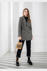 Cute Womens Black Leather Tweed Bucket Handbag Barrel Crossbody Purse Handmade Round Shoulder Bag for Women
