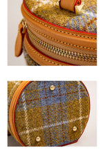 Cute Womens Black Leather Tweed Bucket Handbag Barrel Crossbody Purse Handmade Round Shoulder Bag for Women