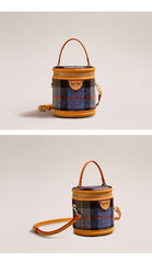Cute Womens Black Leather Tweed Bucket Handbag Barrel Crossbody Purse Handmade Round Shoulder Bag for Women