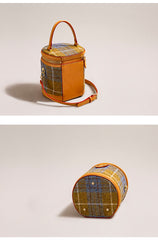 Cute Womens Black Leather Tweed Bucket Handbag Barrel Crossbody Purse Handmade Round Shoulder Bag for Women