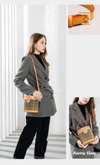 Cute Womens Black Leather Tweed Bucket Handbag Barrel Crossbody Purse Handmade Round Shoulder Bag for Women