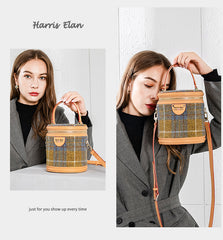 Cute Womens Black Leather Tweed Bucket Handbag Barrel Crossbody Purse Handmade Round Shoulder Bag for Women
