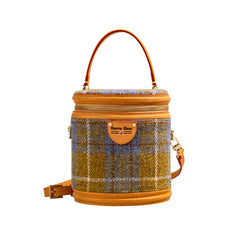 Cute Womens Black Leather Tweed Bucket Handbag Barrel Crossbody Purse Handmade Round Shoulder Bag for Women