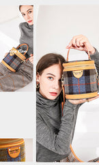 Cute Womens Black Leather Tweed Bucket Handbag Barrel Crossbody Purse Handmade Round Shoulder Bag for Women