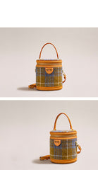 Cute Womens Black Leather Tweed Bucket Handbag Barrel Crossbody Purse Handmade Round Shoulder Bag for Women