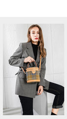 Cute Womens Black Leather Tweed Bucket Handbag Barrel Crossbody Purse Handmade Round Shoulder Bag for Women