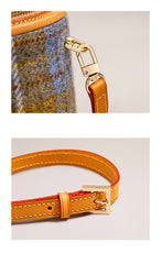 Cute Womens Black Leather Tweed Bucket Handbag Barrel Crossbody Purse Handmade Round Shoulder Bag for Women