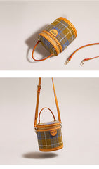 Cute Womens Black Leather Tweed Bucket Handbag Barrel Crossbody Purse Handmade Round Shoulder Bag for Women