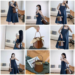 Cute Womens Black Round Leather Handbag Barrel Crossbody Purse Bucket Shoulder Bag for Women