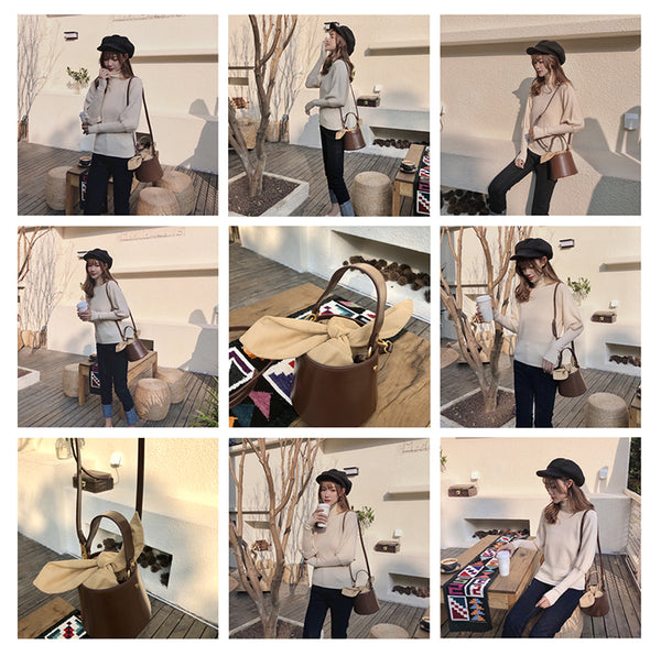Cute Womens Black Round Leather Handbag Barrel Crossbody Purse Bucket Shoulder B RB02781046