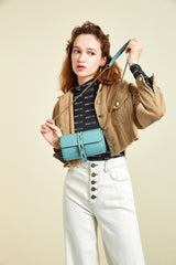 Cute Womens Blue Leather Barrel Crossbody Purse Bucket Round Chain Shoulder Bag for Women