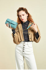 Cute Womens Blue Leather Barrel Crossbody Purse Bucket Round Chain Shoulder Bag for Women