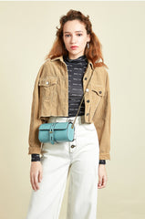 Cute Womens Blue Leather Barrel Crossbody Purse Bucket Round Chain Shoulder Bag for Women