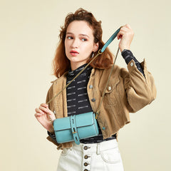 Cute Womens Blue Leather Barrel Crossbody Purse Bucket Round Chain Shoulder Bag for Women