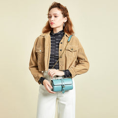 Cute Womens Blue Leather Barrel Crossbody Purse Bucket Round Chain Shoulder Bag for Women