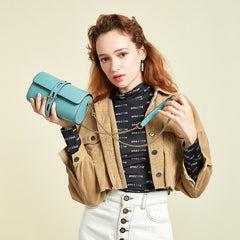 Cute Womens Blue Leather Barrel Crossbody Purse Bucket Round Chain Shoulder Bag for Women