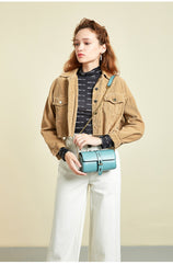 Cute Womens Blue Leather Barrel Crossbody Purse Bucket Round Chain Shoulder Bag for Women