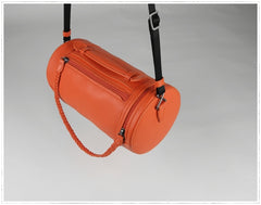 Cute Womens Orange Leather Bucket Shoulder Purse Barrel Crossbody Bag Purse for Ladies