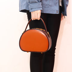 Cute Womens Brown Leather Half Round Handbag Crossbody Purse Round Brown Shoulder Bag for Women