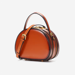 Cute Womens Brown Leather Half Round Handbag Crossbody Purse Round Brown Shoulder Bag for Women