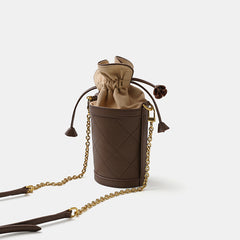 Cute Womens Coffee Leather Barrel Chain Crossbody Purse Bucket Round Shoulder Bag for Women
