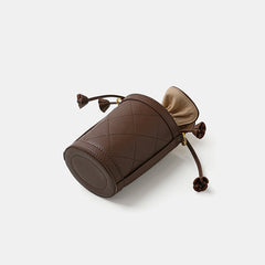Cute Womens Coffee Leather Barrel Chain Crossbody Purse Bucket Round Shoulder Bag for Women