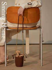 Cute Womens Coffee Leather Barrel Chain Crossbody Purse Bucket Round Shoulder Bag for Women