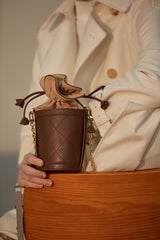 Cute Womens Coffee Leather Barrel Chain Crossbody Purse Bucket Round Shoulder Bag for Women